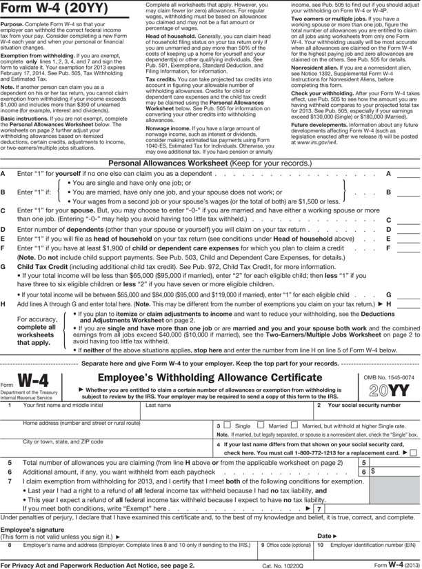 W-4 form used by employees to request IRS withholding.