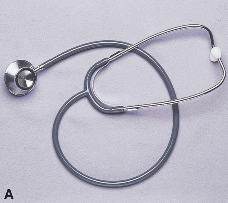 Stethoscope with both a bell and flat disc amplifier. 