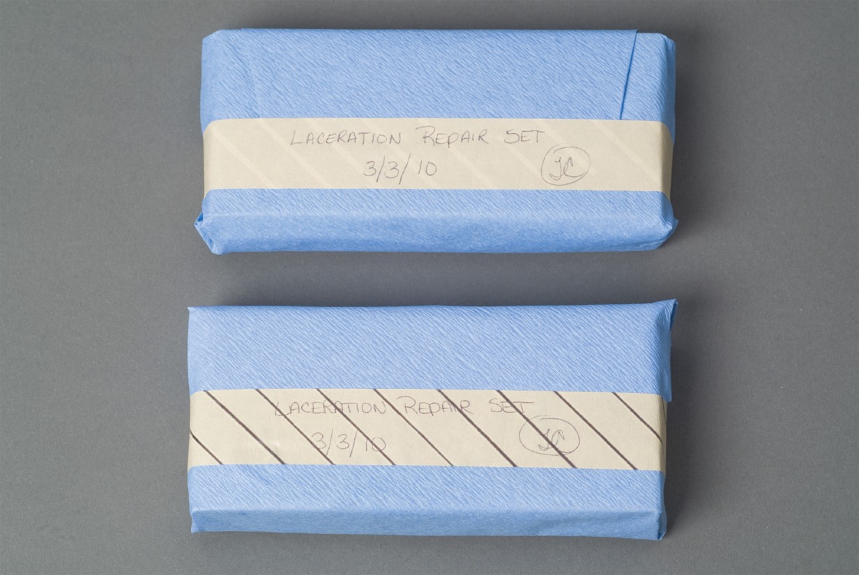 Top: Autoclave tape before sterilization. Bottom: Autoclave tape after sterilization.