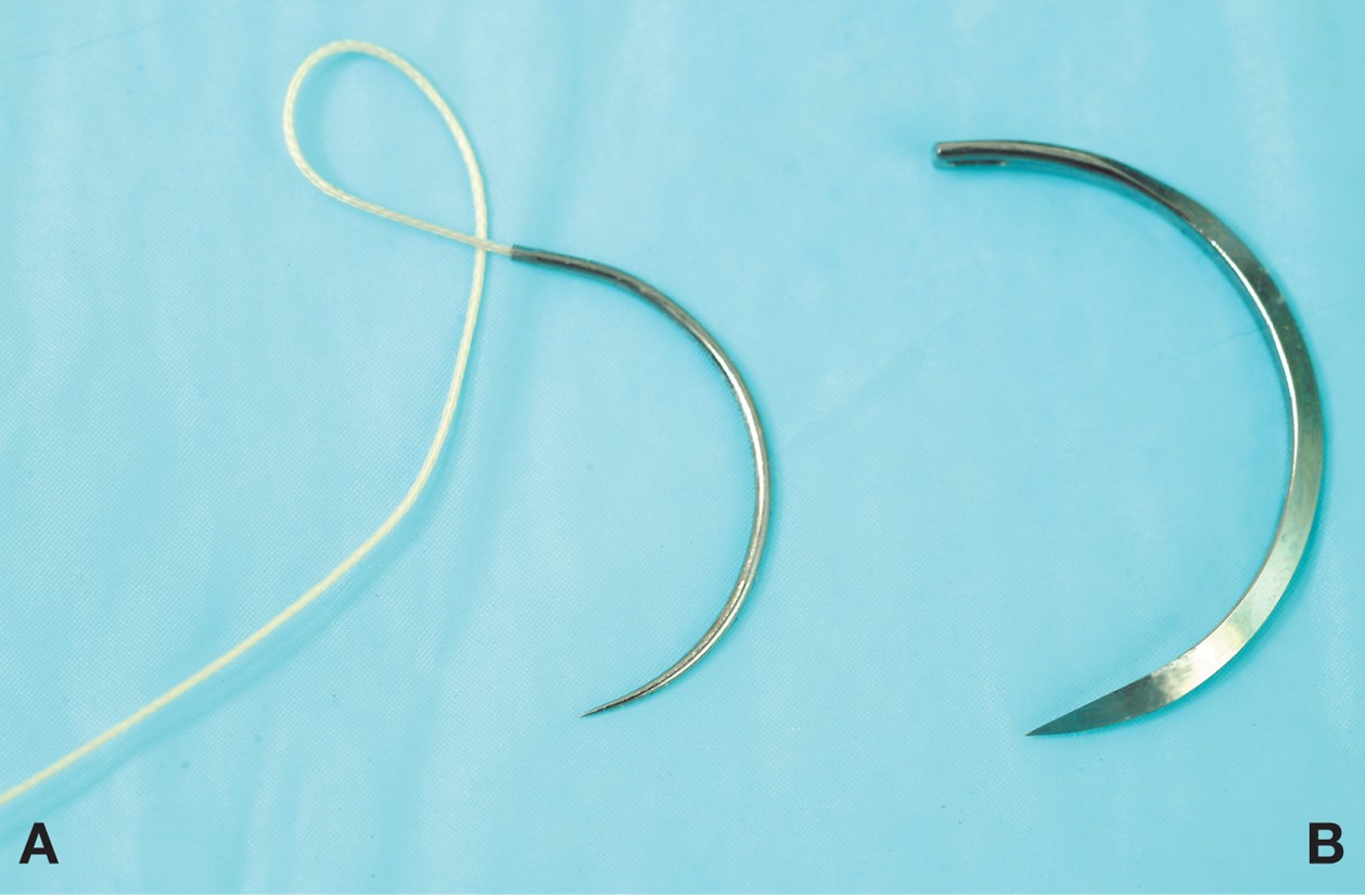 Surgical needle shapes: (A) taper point; (B) cutting point.