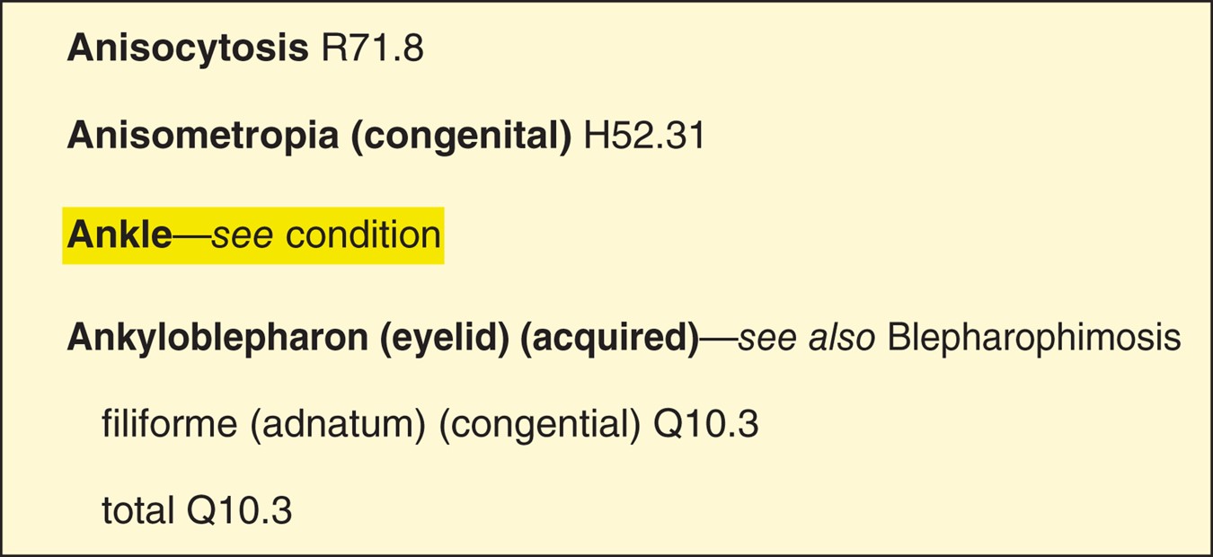 Example of Index entry for an anatomic site with a cross-reference.