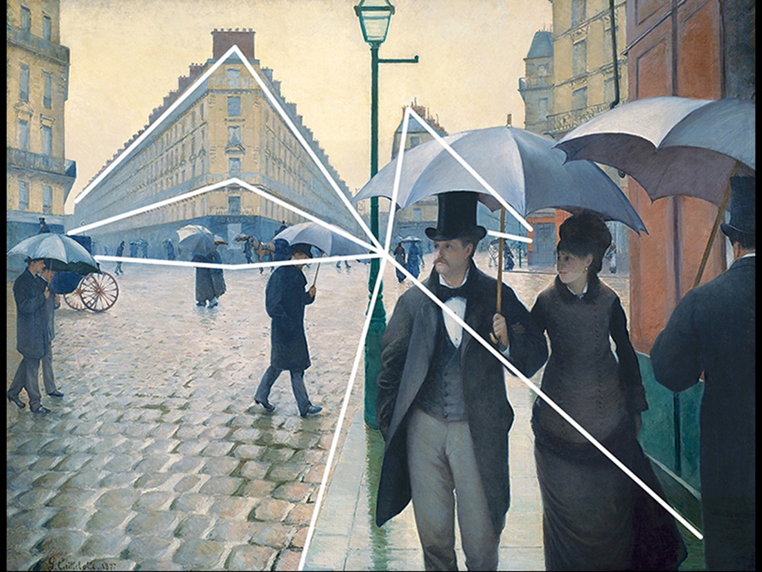 Line analysis of Gustave Caillebotte, Place de l'Europe on a Rainy Day.  
