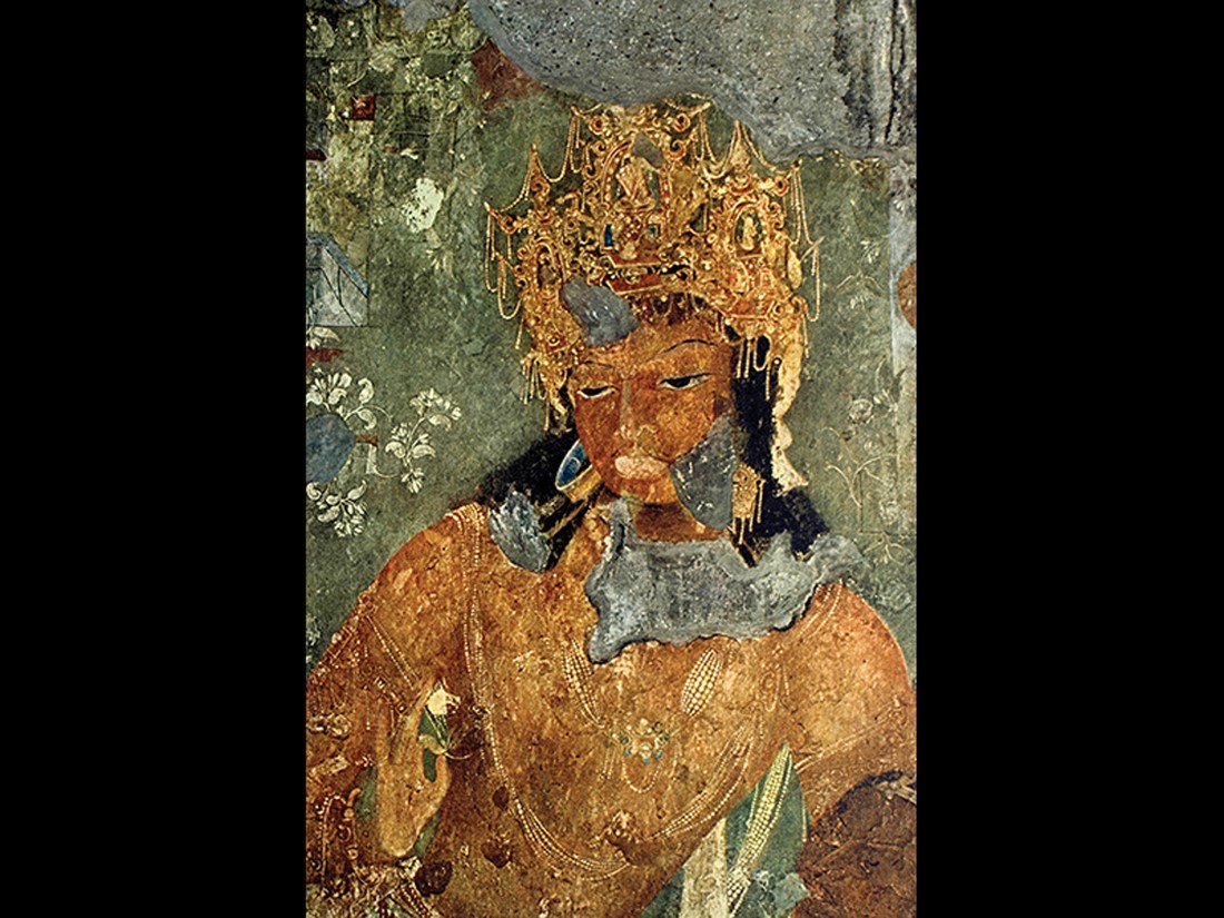 Bodhisattva, detail of a fresco wall painting in Cave I, Ajanta, Maharashtra, India. 