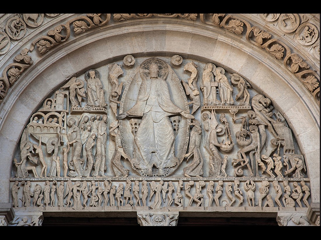 Gislebertus, Last Judgment, tympanum and lintel, west portal, cathedral, Autun, France.