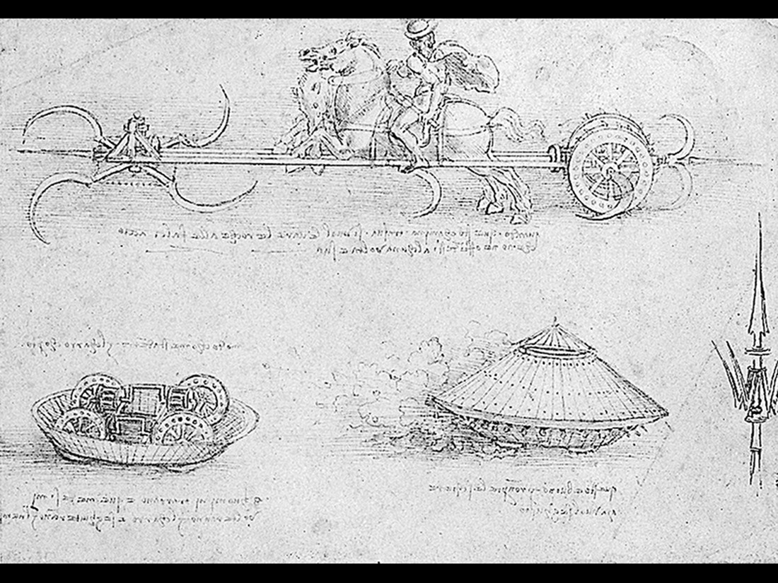 Leonardo da Vinci, A Scythed Chariot, Armored Car, and Pike. 