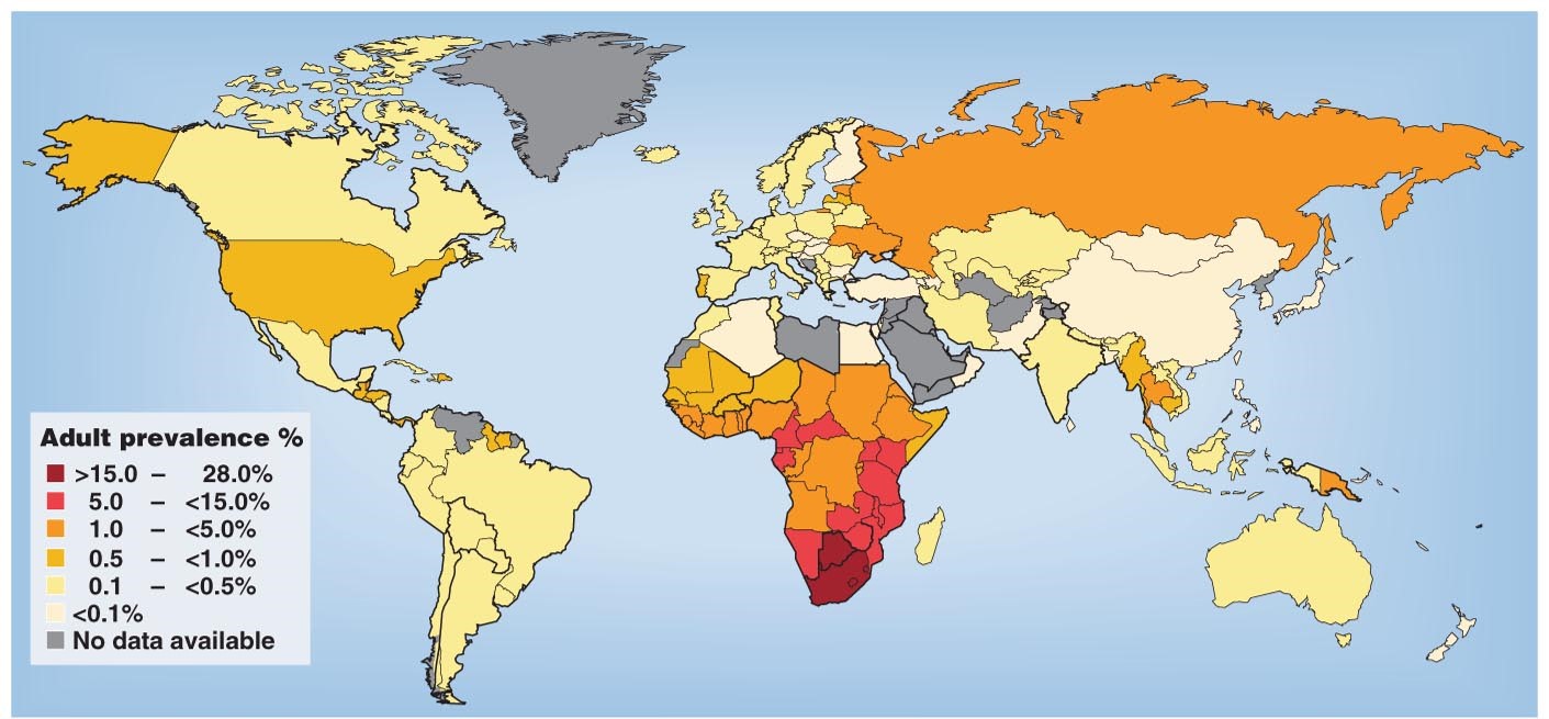 Adults around the world living with HIV in 2009