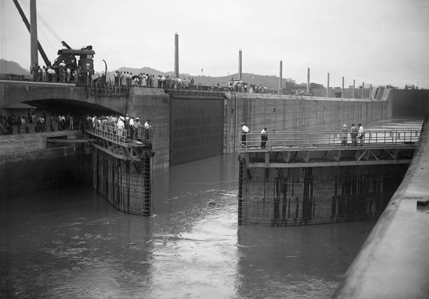 The grand opening of the huge Miraflores lock on the Panama Canal in October, 1914. The locks were b