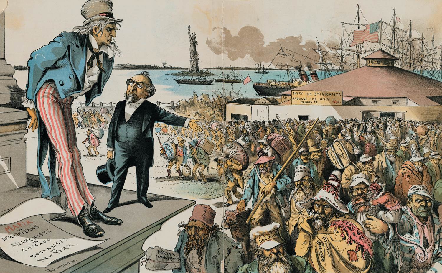 An 1891 cartoon blames immigrants for the ills of American society: anarchy, socialism, mayhem, and 