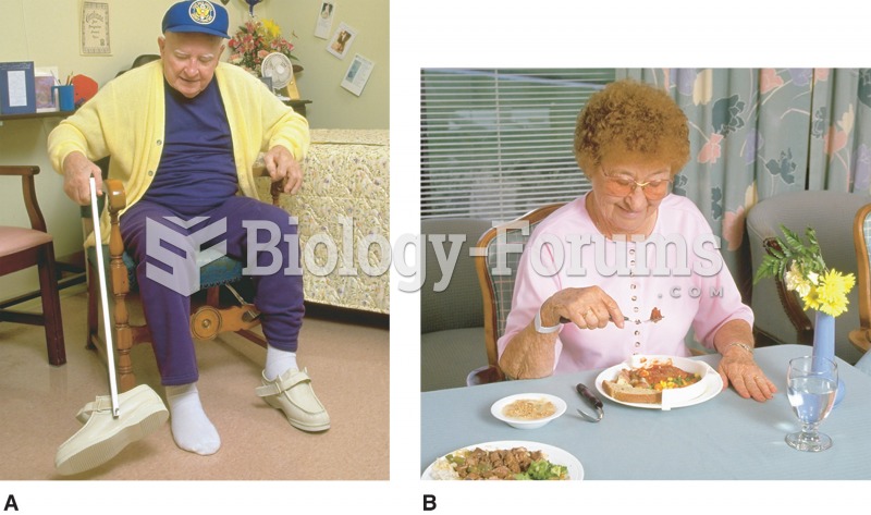 Using adaptive equipment: (A) male putting on shoe; (B) female eating one handed. 