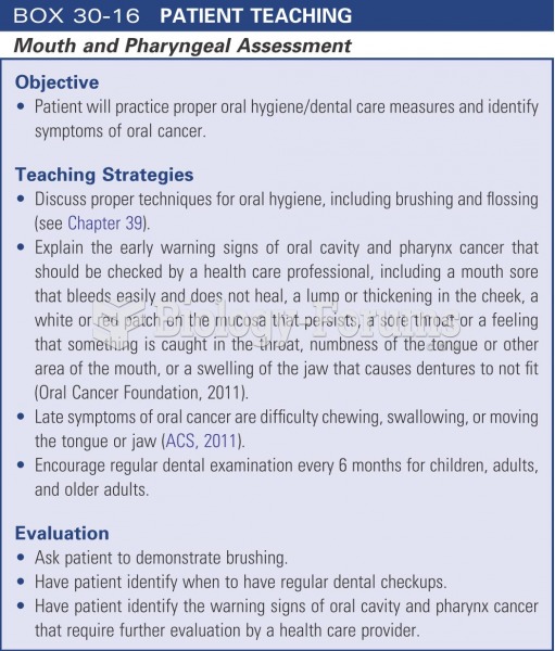 Patient teaching: mouth and pharyngeal assessment