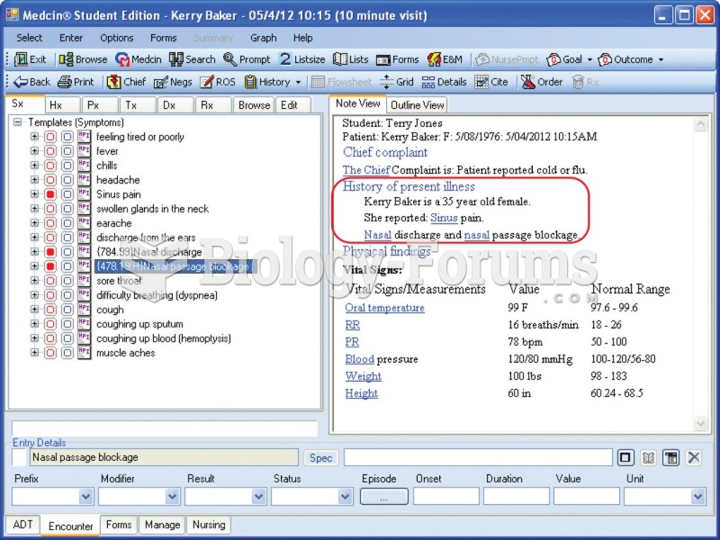 An example of a selection list used to identify symptoms.