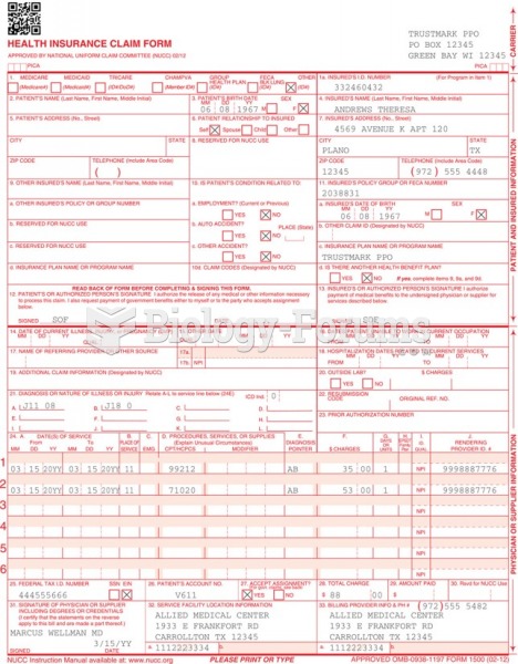 A completed CMS-1500 (02/12) claim for Procedure 15-5 