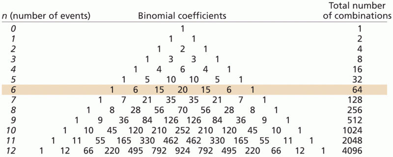Pascal’s triangle of binomial coefficients (p + q) raised to the nth power