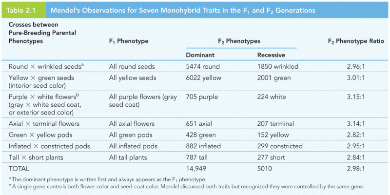 Mendel’s Observations for Seven Monohybrid Traits in the F1 and F2 Generations