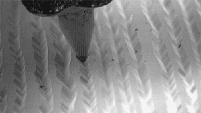 Electron microscope video of a needle on a vinyl record