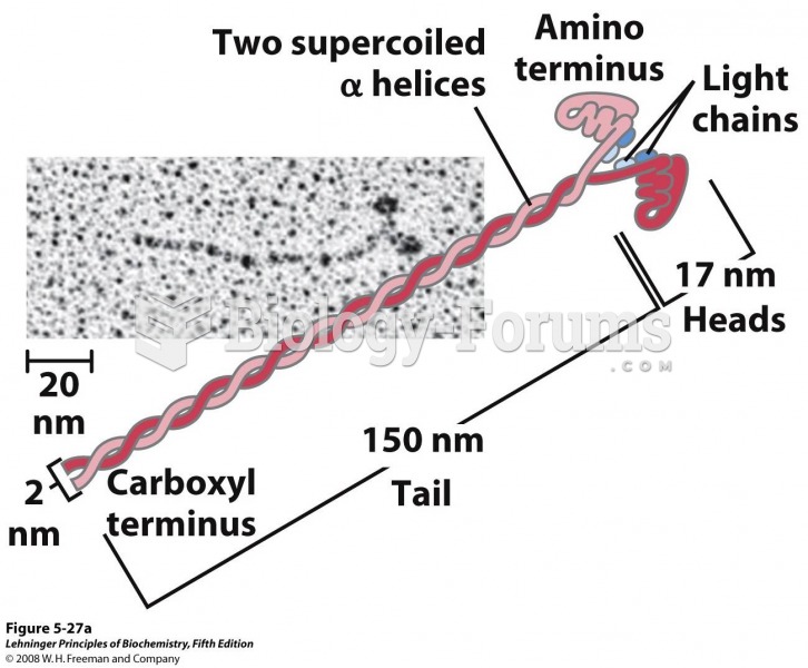 Myosin has two heavy chains (in two shades of pink),