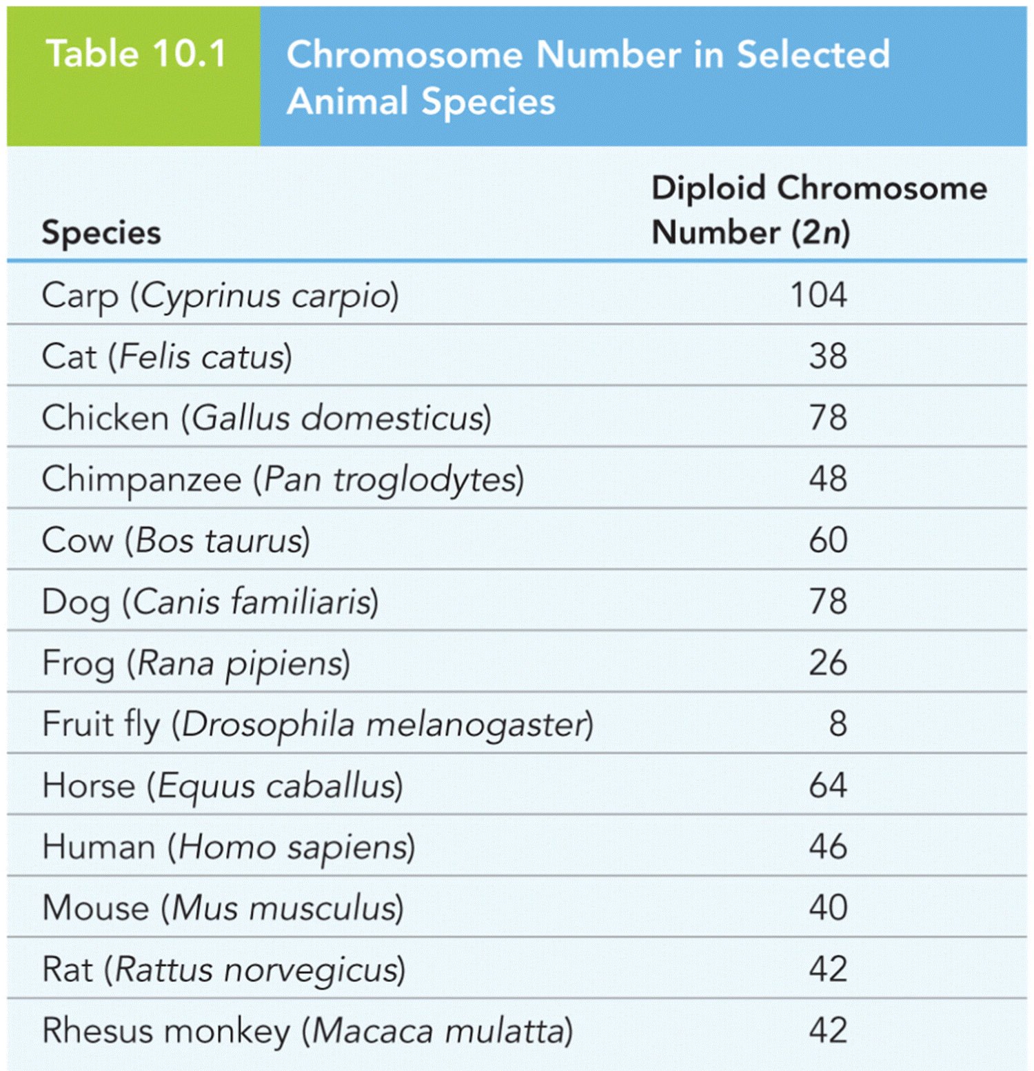 Chromosome Number in Selected Animal Species