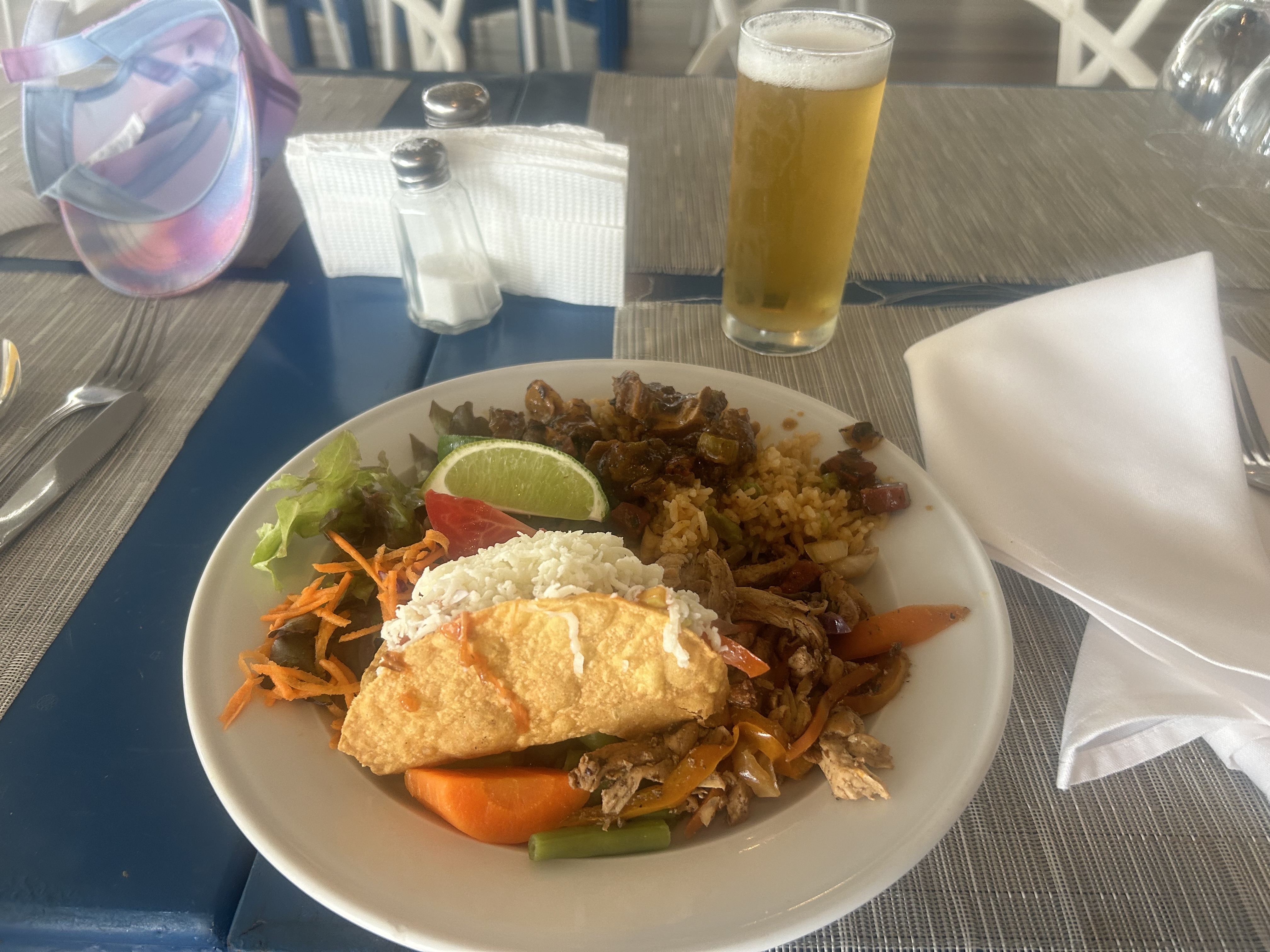 Dominican tacos and fried rice with beer